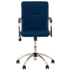 Armchair "Samba GTP", wooden overlays, chrome, leatherette, blue