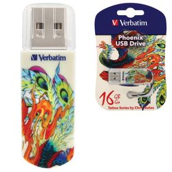 VERBATIM / Flash Drive 16 GB, Mini Tattoo Edition Phoenix, USB 2.0, white with pattern
