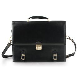 Porte-documents en cuir véritable, 33x25x8 cm, 3 compartiments, serrure à clé, noir