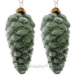Kaemingk / Albero di Natale in vetro Pigna innevata 12 cm velluto verde, 2 pezzi, ciondolo