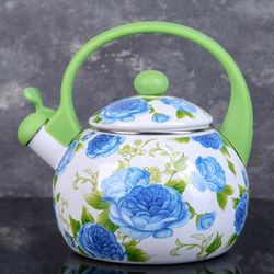 Доляна / Doliana / Whistling kettle "Peonies", 2.2 l, fixed handle, green