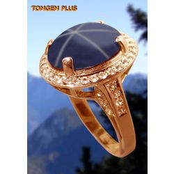 Gold ring 585 with 10x13 mm star sapphire and white sapphires