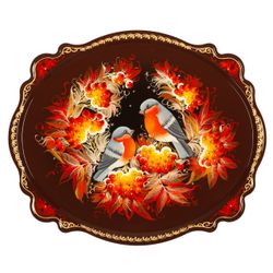 Сувениры из Н.Тагила / Souvenirs from N. Tagil / Tray "Oval-Baroque. A couple of bullfinches", 30x25 cm