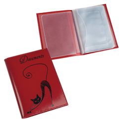 BEFLER / Graceful cat driver's wallet, genuine leather, embossed, 6 plastic pockets, red