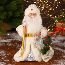 Зимнее волшебство / Doll "Santa Claus, in a white fur coat, with a staff and a bag"