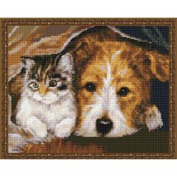Опт-картина / Khảm kim cương 40x50, kim cương giả Cún con và mèo con