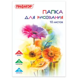 Папка для рисования, А4, 10 листов, 120 г/м2, ПИФАГОР, 210х297 мм, "Цветы"