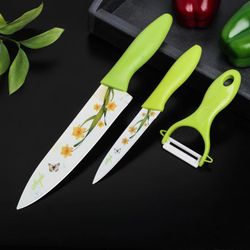 Доляна / Doliana / Kitchen set "Narcissus", 3 items: 2 knives with anti-stick coating, blade 12 cm, peeler, 20 × 4 cm, green color