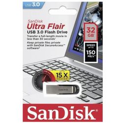 SANDISK / 32 GB Flash Drive, Ultra Flair, USB 3.0, Metal Case, Silver / Black