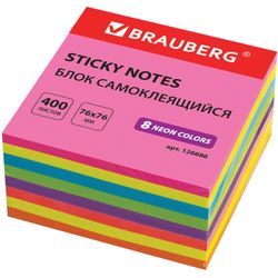 BRAUBERG / Self-adhesive block (sticker) NEON, 76x76 mm, 400 sheets, 8 colors