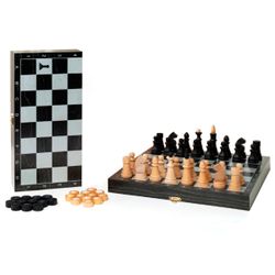 GamesDealer / Gioco 2v1 strada nero, disegno argento con scacchi in legno di tutti i giorni "Obedovskie" (scacchi, dama) "Classic" (290 * 145 * 60)