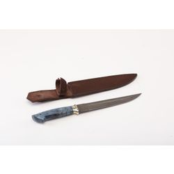 Damask steel knife, art casting cupronickel, handle from Karelian birch, in a case made of genuine leather
