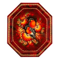 Сувениры из Н.Тагила / Souvenirs from N. Tagil / Tray "Octagonal. Bullfinches on the Rowan, red background", 30x25 cm