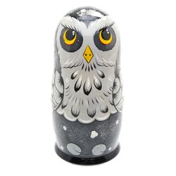 Семеновская роспись / Owl - booklet matryoshka, 5 dolls - author's gray