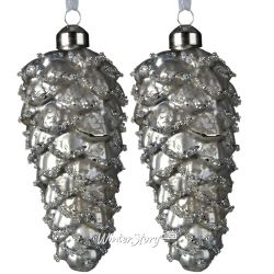 Kaemingk / Weihnachtsbaumspielzeug aus Glas Tannenzapfen Cantata 12 cm silber, 2 Stück, Anhänger