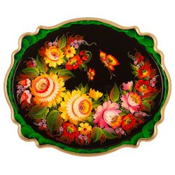 Сувениры из Н.Тагила / Souvenirs from N. Tagil / Tray "Oval-Baroque. Flower arrangement with a moth", 30x25 cm