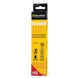 Crayons à mine noirs BRAUBERG SET 12 pcs., HB, avec élastique, corps jaune, taillés, boîte en carton