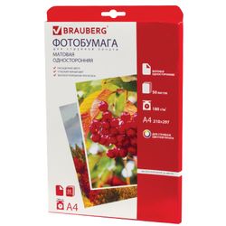 Photo paper for inkjet print, A4, 180 g/m2, 50 sheets, single-sided Mat, BRAUBERG
