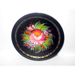 Сувениры из Н.Тагила / Souvenirs from N. Tagil / Tray "Round. Pink rose. Hand-painted", 17cm