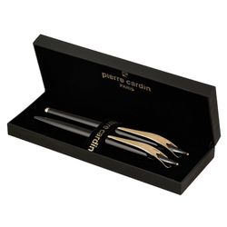 Pierre Cardin Set: Kugelschreiber + Tintenroller, Korpus schwarz, messing, blau