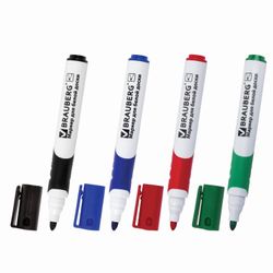 Markers for whiteboard BRAUBERG SOFT, 4 PCs SET, ASSORTED, rubber insert, round tip, 5 mm