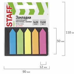Bookmark adhesive STAFF, NEON plastic ARROWS, 50х12 mm, 5 colors x 20 sheets in a cardboard book
