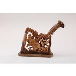Damask steel knife with bone handle, moose horn stand