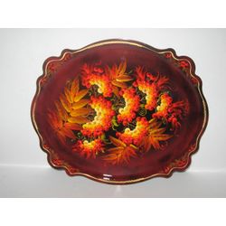 Сувениры из Н.Тагила / Souvenirs from N. Tagil / Tray "Oval-Baroque. Rowan on burgundy", 30x25 cm