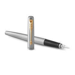 Stylo plume PARKER "Jotter Stainless Steel GT", boîtier argenté, détails plaqués or, bleu