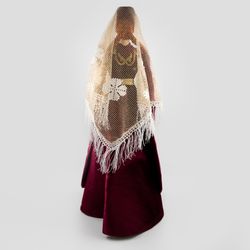 Asik / Ossetian doll in a burgundy suit, patterns are made using the technique of gold embroidery, 34 cm