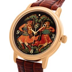Palekh Watch / Watch "Musicians №3" quartz, author's hand painting, artist Smirnov, brown strap