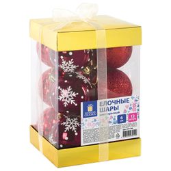 ЗОЛОТАЯ СКАЗКА / Christmas tree balls SET 12 pcs., Plastic, 6 cm, RED, gloss, glitter, drawing