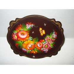 Сувениры из Н.Тагила / Souvenirs from N. Tagil / Tray "Oval-Baroque. Roses with a moth", 30x25 cm
