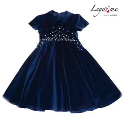 Blue velvet dress embroidered with pearls