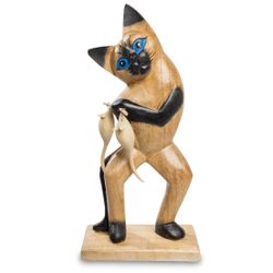 Decor and Gift / Wooden figurine "Cat with a catch" 33 cm