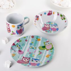 Доляна / Doliana / Set of children's dishes "Sovushki", 3 items: mug 230 ml, bowl 400 ml, plate 18 cm