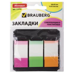 Bookmark adhesive BRAUBERG NEON plastic, 48х20 mm, 3 colors x 20 sheets in a plastic dispenser