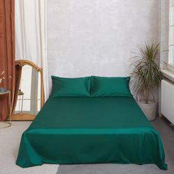 Этель / Bed sheet 220 * 235 cm, emerald green, 100% cotton, mako satin, 125 g / m²