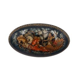 Палех / Palekh / Brooch "Troika" 6x3 cm, master Suloeva