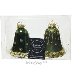 Kaemingk / Bells set Sonnette Green velvet 8 cm, 2 pieces, glass, pendant