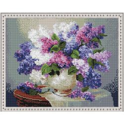 Опт-картина / Tranh khảm kim cương 40x50, kim cương giả Bó hoa tử đinh hương trên bàn