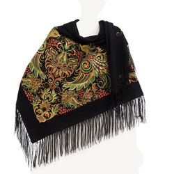 Торжокские золотошвеи / Handmade scarf with embroidery "Firebirds" black