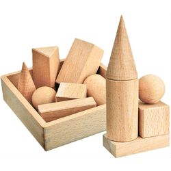 A set of geometric solids - 7 parts in wooden box for children from 2 years