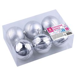 ЗОЛОТАЯ СКАЗКА / Christmas tree balls with a pattern SET 6 pieces, plastic, 8 cm, SILVER, 3 glossy, 3 matte