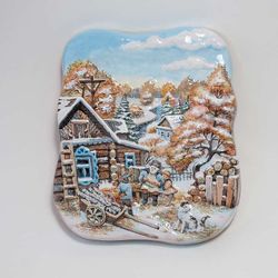 Ярославская майолика / Wall panel "Village first snow. Small with grandfather"