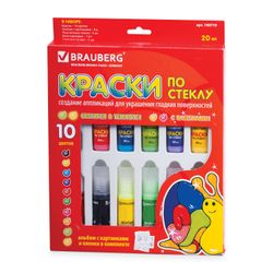Paint on glass (stained glass) BRAUBERG, 10 colors in 20 ml (2 fluorescent, 2 with sparkles), the book of templates, glue