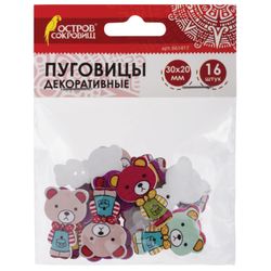 Buttons decorative "Bears", wood, 30x20 mm, 16 PCs., assorted, TREASURE ISLAND