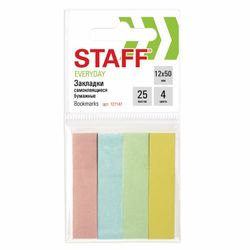 STAFF sticky bookmarks, PASTEL paper, 50х12 mm, 4 colors x 25 sheets, Euro slot