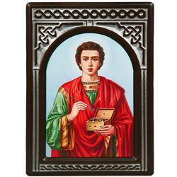 Vernissage of History / Icon-khachkar "Saint Panteleimon" in a carved frame, 21 x 15