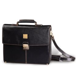 Briefcase made of genuine leather, 39х30х10 cm, 2 compartments, key lock, black